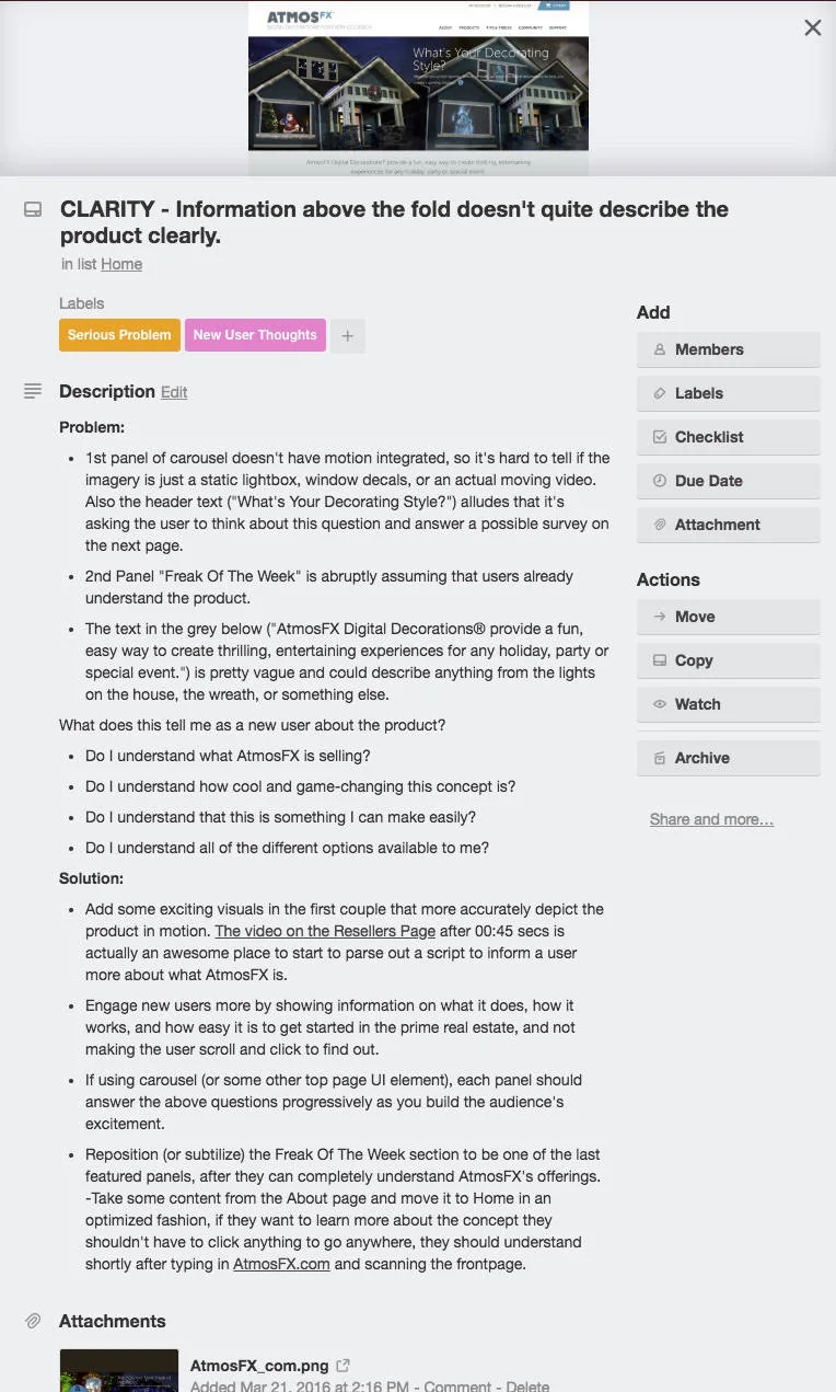 AtmosFX heuristic-evaluation note questioning whether the storefront explains the product clearly.