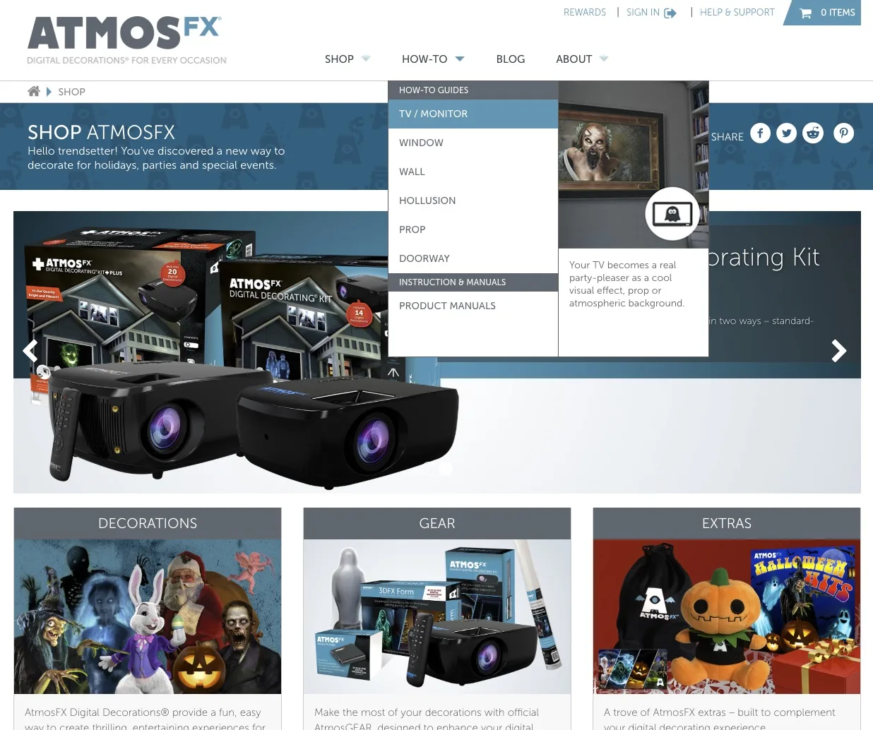 AtmosFX storefront concept showing Shop and How-to navigation and a display-mode menu. 08