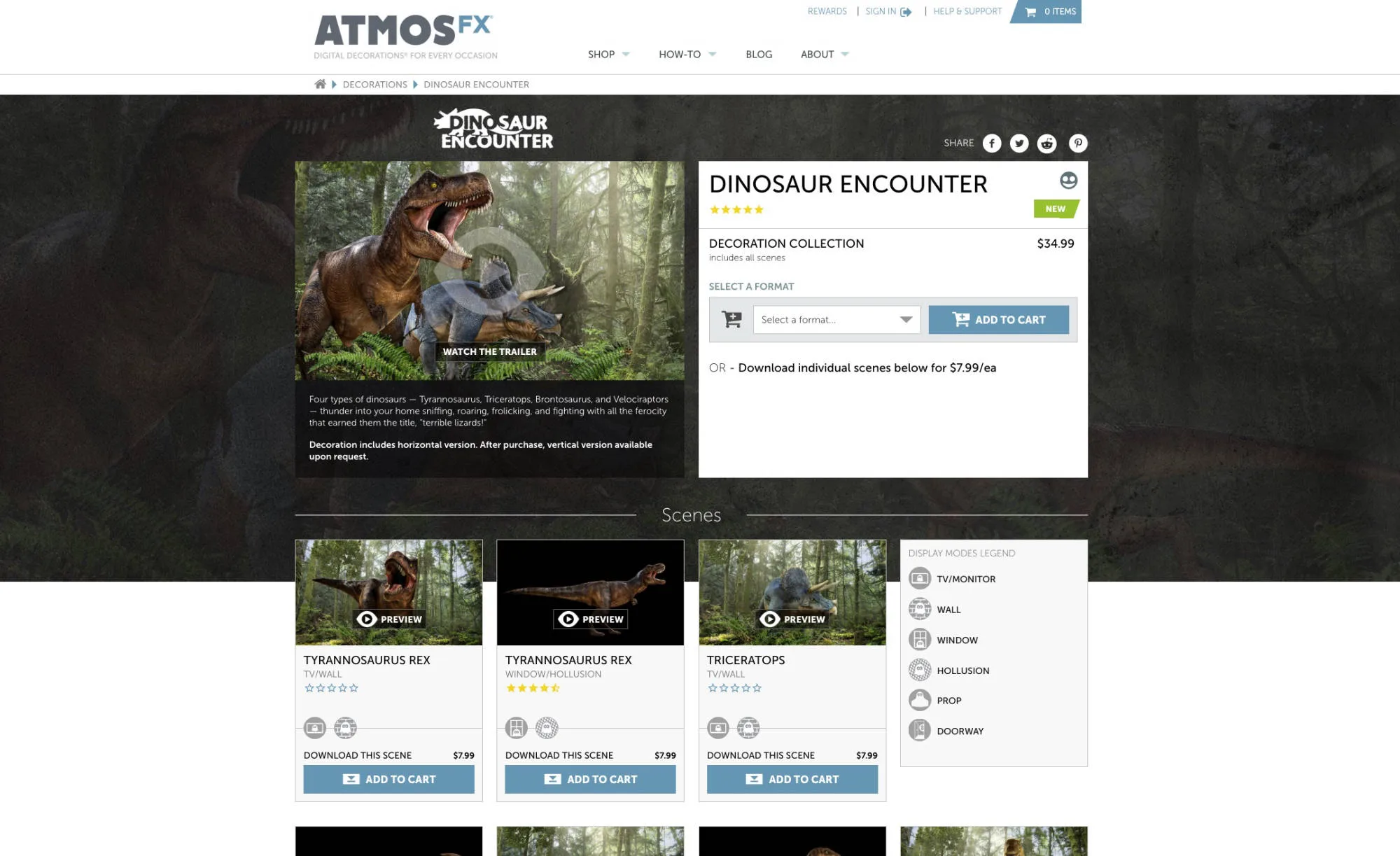 AtmosFX Dinosaur Encounter product-detail concept with collection price, scene cards, format selector, and display-mode legend. 36