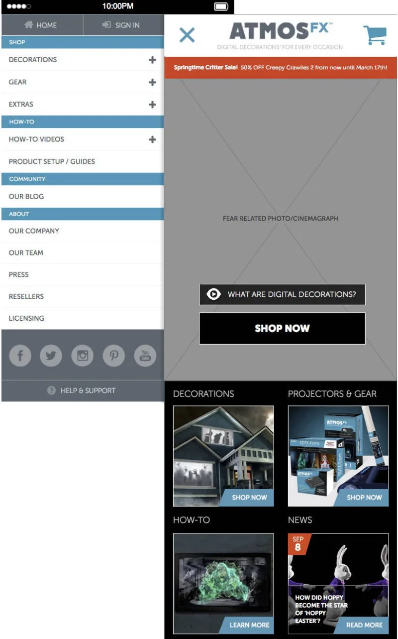 AtmosFX mobile storefront exploration with an open navigation drawer beside a narrow home-page state. 40
