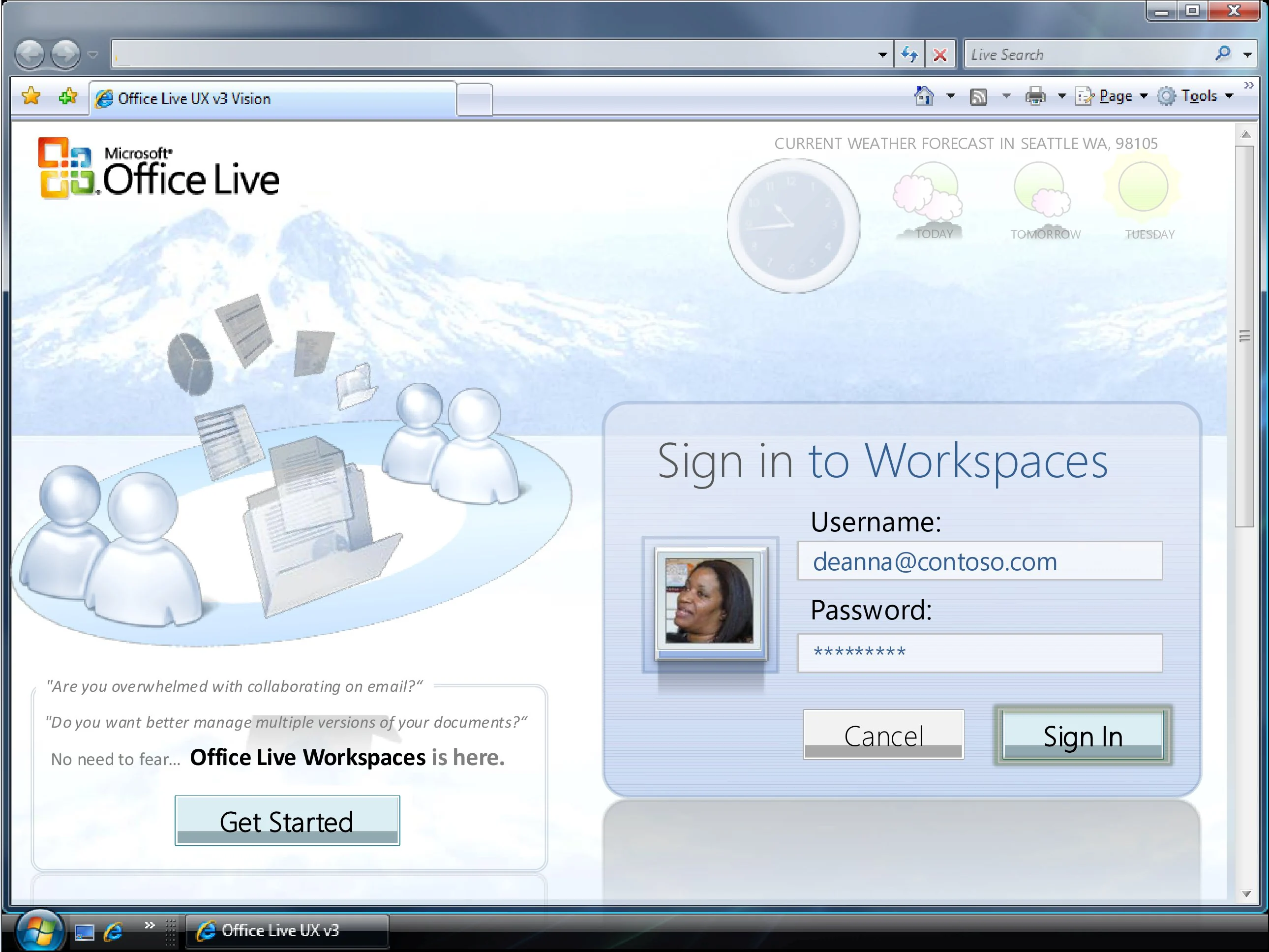 Office Live Workspace sign-in screen beside a workspace illustration.