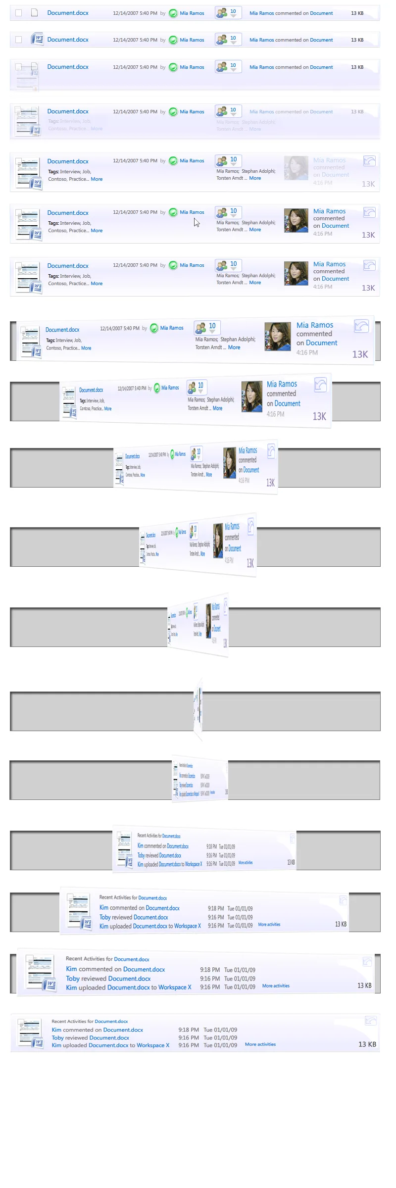 Office Live card exploration showing repeated project-item cards in a vertical sequence.